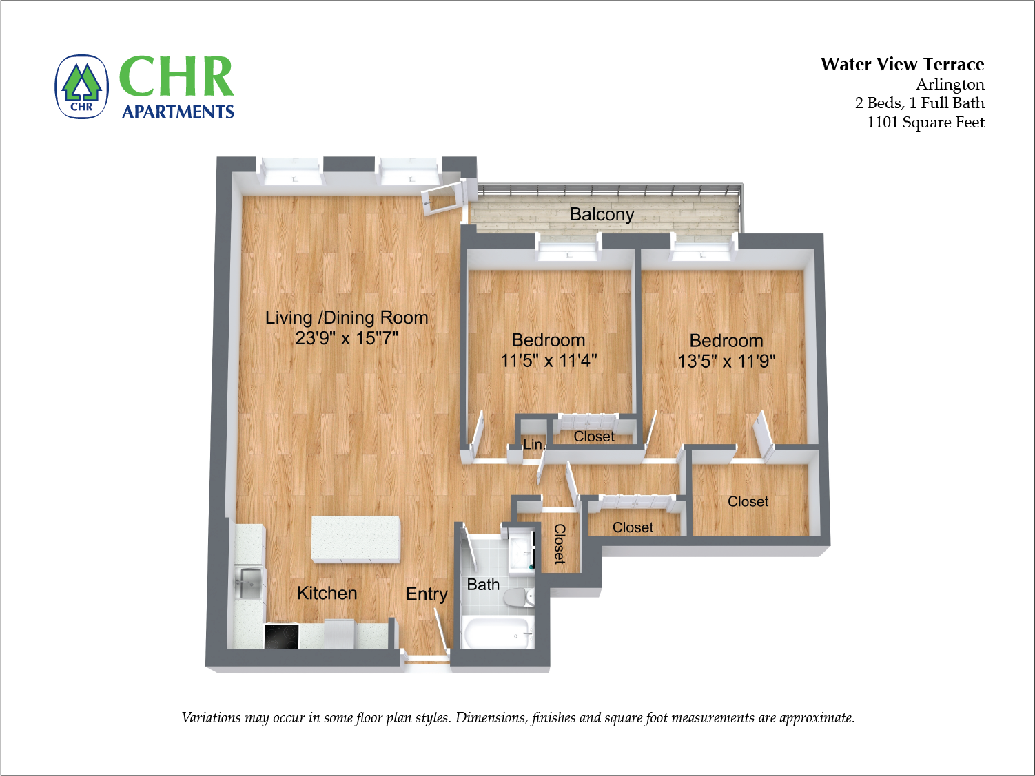 Floor plan for 2 beds, 1 bath, 1101 sqft